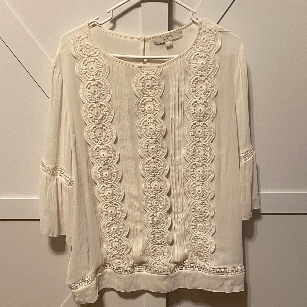 LOFT Cream Crochet-Paneled Peasant Blouse